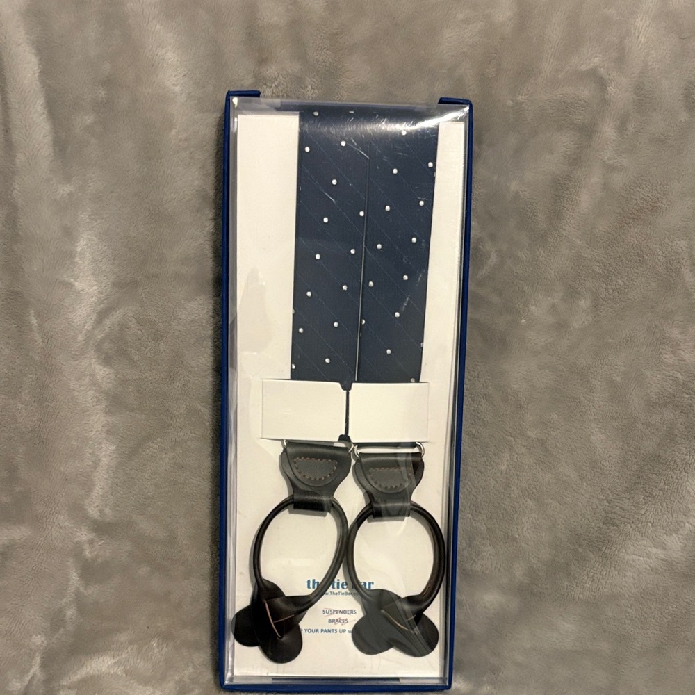 The Tie Bar Navy Polka Dot Suspenders with Leather Accents